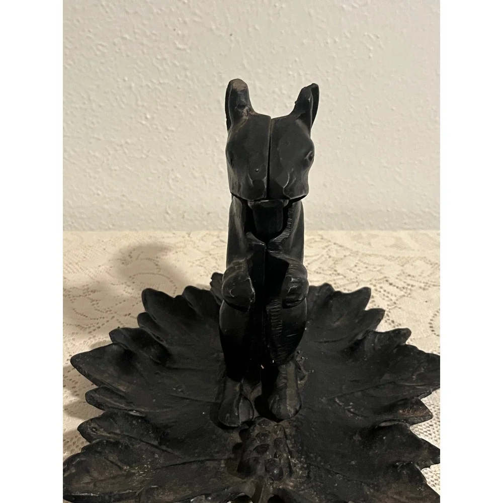 Vintage Cast Iron Squirrel Nutcracker on Leaf Base Rustic Black Metal Decor
